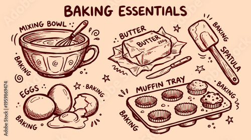 Baking essentials illustration with mixing bowl butter eggs muffin tray and spatula on a light background