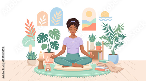 Woman meditating peacefully in lotus pose surrounded by plants.