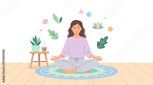 Woman meditating peacefully in lotus pose with eyes closed.