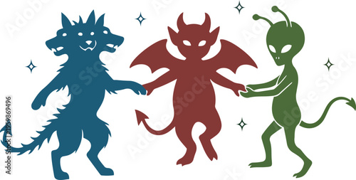 blue wolf red devil and green alien holding hands together