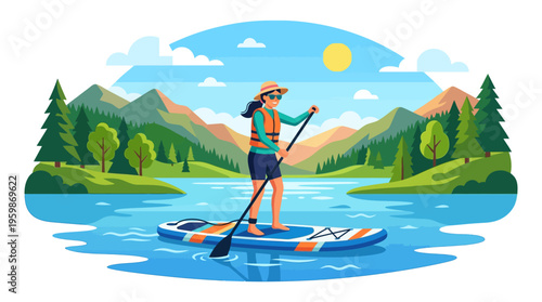 Woman paddleboarding on a calm lake enjoying outdoor recreation.