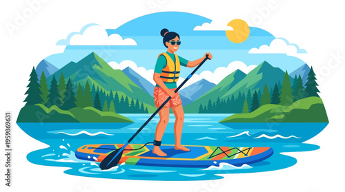 Woman paddleboarding on a calm lake enjoying summer recreation.