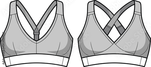 Women's sport bra technical flat sketch, front and back view, activewear apparel design vector, CAD garment template