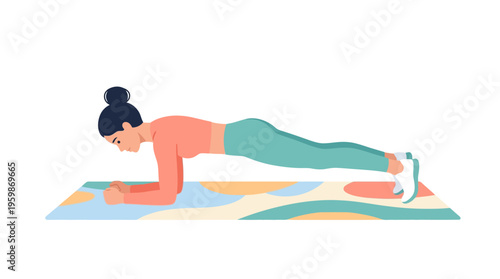 Woman performing a plank exercise on a colorful mat.