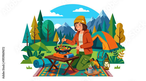 Woman cooking outdoors at campsite with stove and tent.