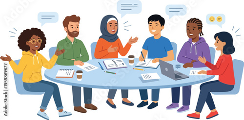 Seven people engaging in lively dialogue around a blue circular table with.