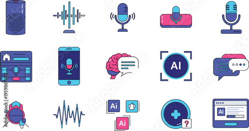 Voice assistant and artificial intelligence technology icons set, flat vector illustrations of smart speakers, sound waves, AI chat bots and voice recognition isolated on white