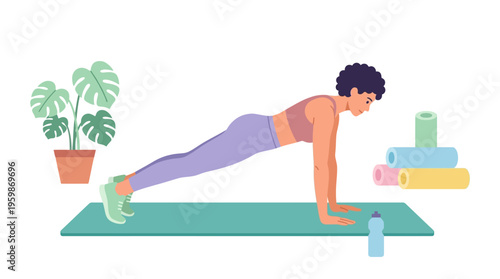 Woman performing a plank exercise on a yoga mat.