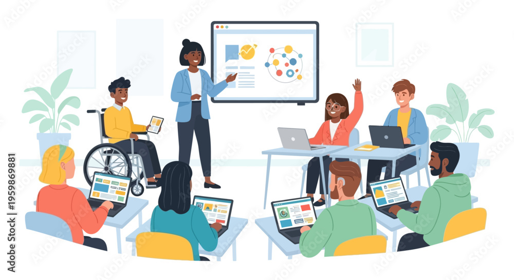 Fototapeta premium Inclusive Digital Classroom: Diverse Students and Teacher Leading Modern Training Session with Accessible Learning and Laptops