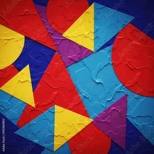 Dynamic abstract painting background featuring bold primary colors layered with rough textures and geometric forms, creating a modern artistic backdrop, bright, gradient, yellow