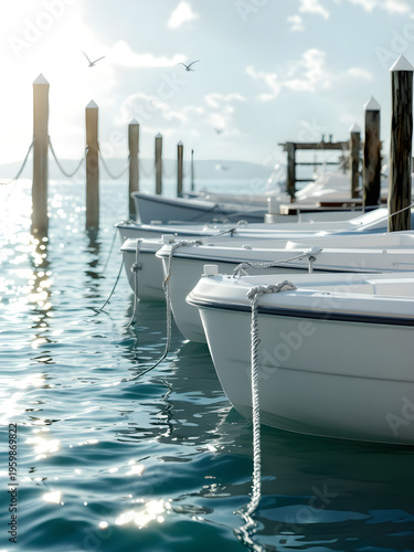 White boats docked at marina on sunny day