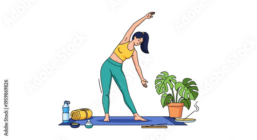 Woman performing yoga side bend stretch on mat.