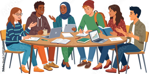 Multicultural group of students gathers around an oval table for a serious.