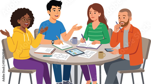 Four colleagues participate in a productive small business meeting around a.