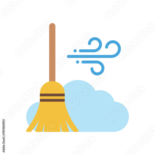 Broom sweeps dust cloud with wind blowing  cleaning icon