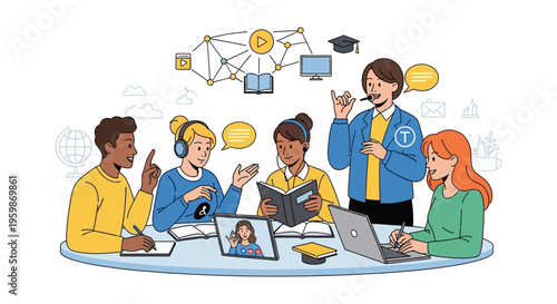 Blended Learning Illustration: Diverse Students and Teacher in a Study Group Utilizing Digital Technology, Online Video Calls, and Educational Resources.