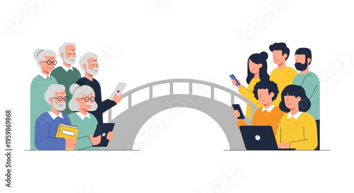 Bridging the Digital Divide: Intergenerational Connection Illustration. Seniors and younger people using a symbolic bridge to overcome the generation gap with technology.
