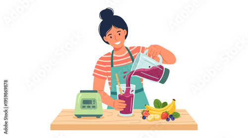 Woman pouring fresh berry smoothie into glass.