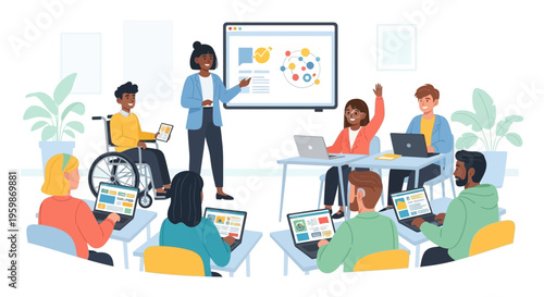Inclusive Digital Classroom: Diverse Students and Teacher Leading Modern Training Session with Accessible Learning and Laptops