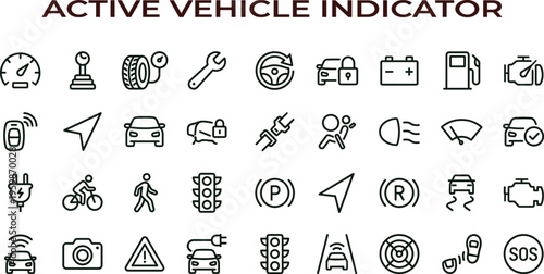 Active vehicle indicator outline icon set featuring dashboard status alerts driving monitoring interface symbols for fleet tracking applications