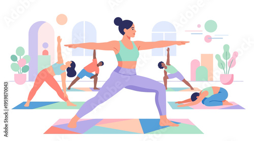 Woman practicing yoga warrior pose in class.