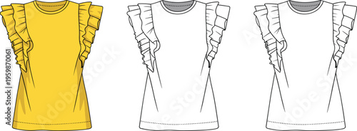 Women ruffle sleeve blouse technical fashion drawing, casual top template front view apparel mockup – cad drawing flat vector illustration