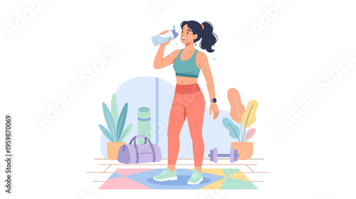 Woman drinking water after workout session.