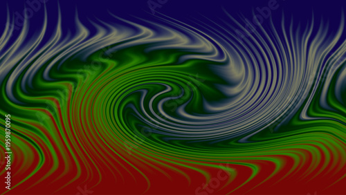 Abstract optical illusion background with blue gray green red swirling vortex lines, dynamic fluid motion, and vibrant geometric decorative layout
