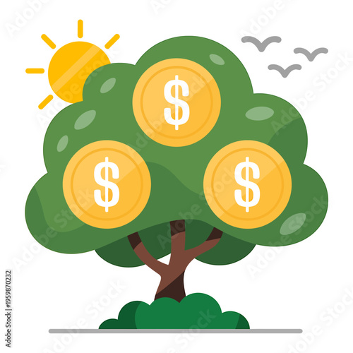 Cartoon tree with dollar coins and sun in the background