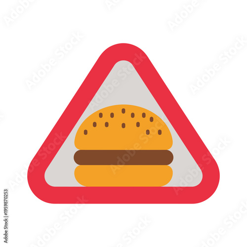 Warning sign of a hamburger inside a red triangle  caution fast food ahead
