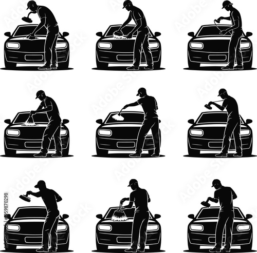 Black and white of nine people pushing cars from behind de