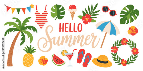 Hello summer vacation concept with tropical elements and beach accessories