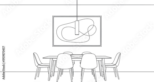 Minimalist black and white outline drawing of a modern dining room set featuring six chairs around a rectangular table beneath abstract art.