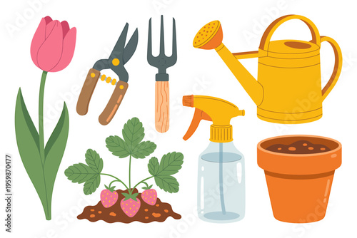 Gardening tools and plants with flower pot and watering can  gardening equipment
