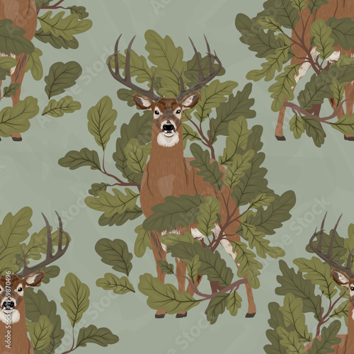 Seamless pattern with white-tailed deer and oak leaves, whitetail buck in forest woodland foliage, autumn nature background for textile, wallpaper and wrapping paper