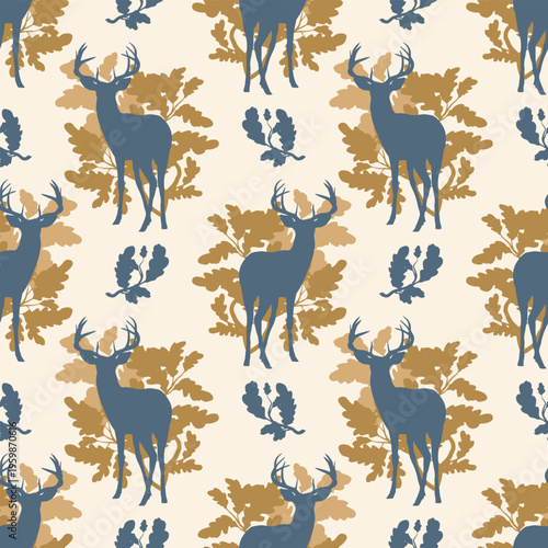 Seamless pattern with blue white-tailed deer silhouettes and gold oak leaves, whitetail buck in forest woodland, autumn nature background for fabric and wallpaper
