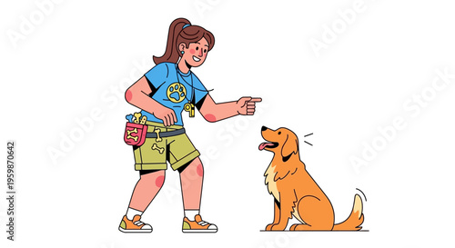 Woman training golden retriever dog with treats and commands.