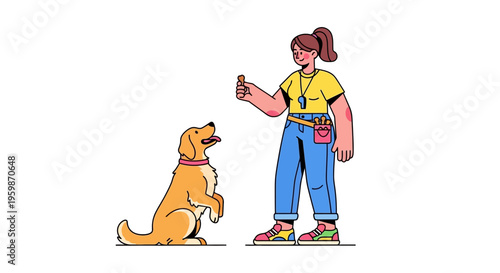 Woman training golden retriever dog with treats.