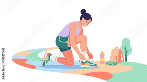 Woman Tying Shoelaces Preparing for Outdoor Activity.