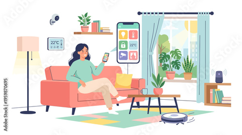 Woman using smartphone controlling smart home devices.