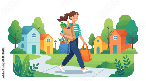 Woman walking with groceries in a neighborhood.