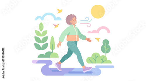 Woman walking outdoors enjoying fresh air and nature.