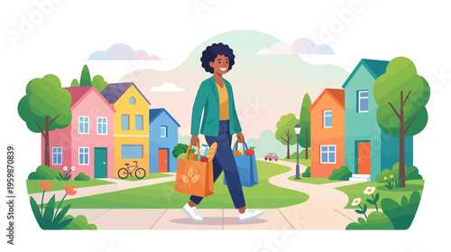 Woman walking with shopping bags after groceries.