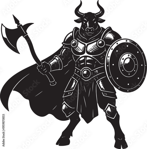 Bull warrior with axe and shield standing strong