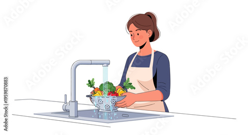 Woman Washing Fresh Fruits and Vegetables in Kitchen Sink.