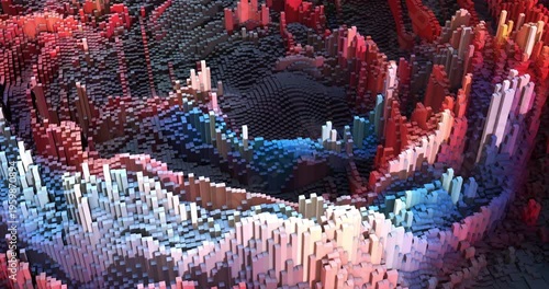 Abstract Colorful Moving Cubes Voxel Cityscape Background Animation. Abstract 3D background animation.