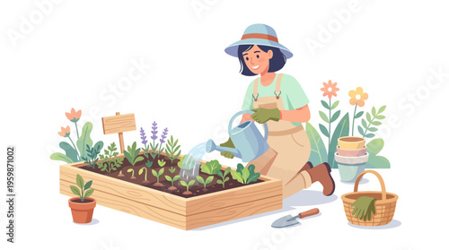 Woman watering plants in a garden.