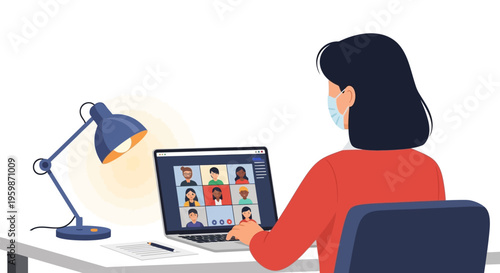 Woman wearing mask attending online meeting on laptop.