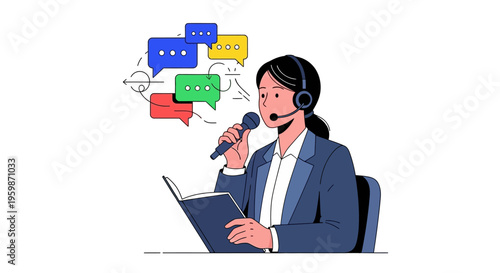 Woman with headset and microphone speaking from a book.