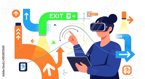 Woman wearing VR headset interacting with digital interface.